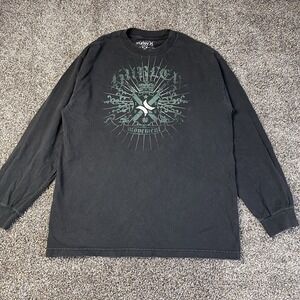 Vintage Hurley T Shirt Mens Size L Black Graphic Print Affliction Style Logo Y2K